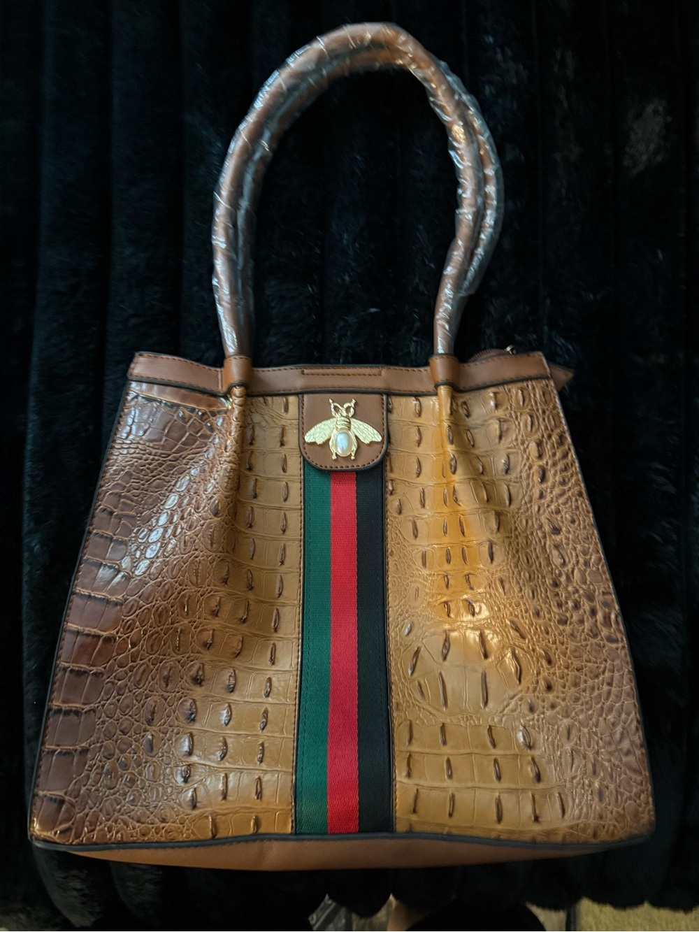 Brown Croc-Embossed Shoulder Bag with Green-Red Webbing